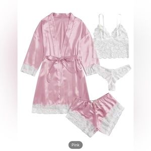 Women's 4 Pieces Satin Floral Lace Cami Top Lingerie Pajama Set With Robe